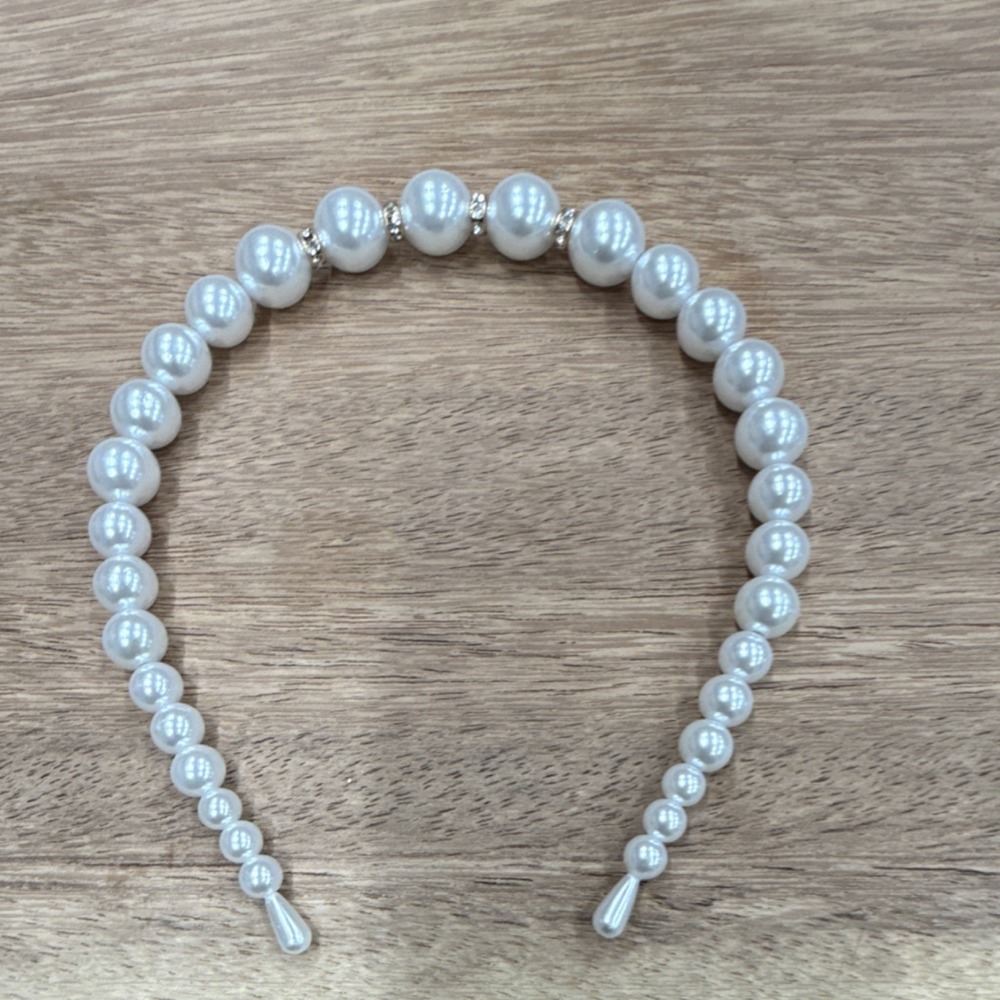 White Faux Pearl Beaded Rhinestone Headband Plastic Metal Women Teens Formal